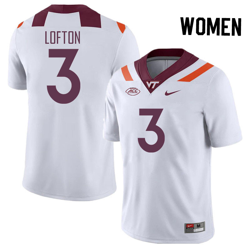 Women #3 Da'Wain Lofton Virginia Tech Hokies College Football Jerseys Stitched Sale-White - Click Image to Close